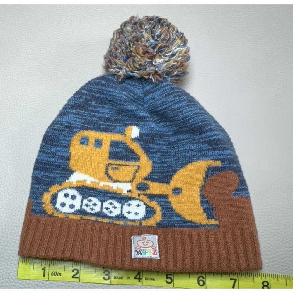 Infant baby boy blue/brown/white/yellow bulldozer tractor soft knit beanie hat.